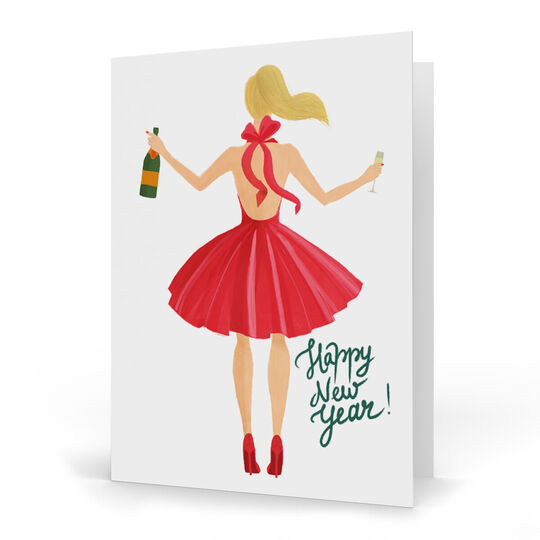 Blonde Holiday Girl with Champagne Folded New Year Cards